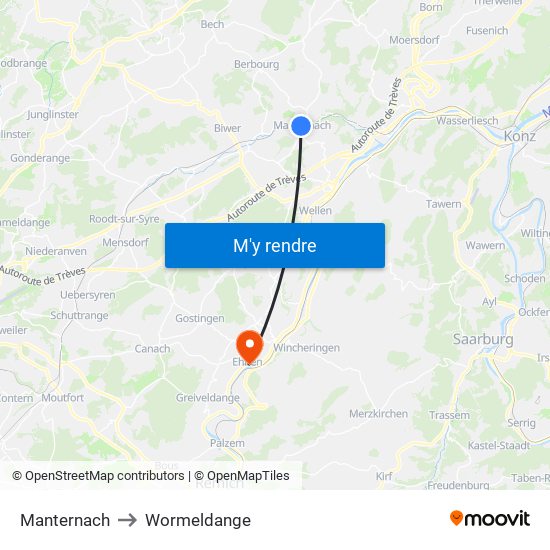 Manternach to Wormeldange map