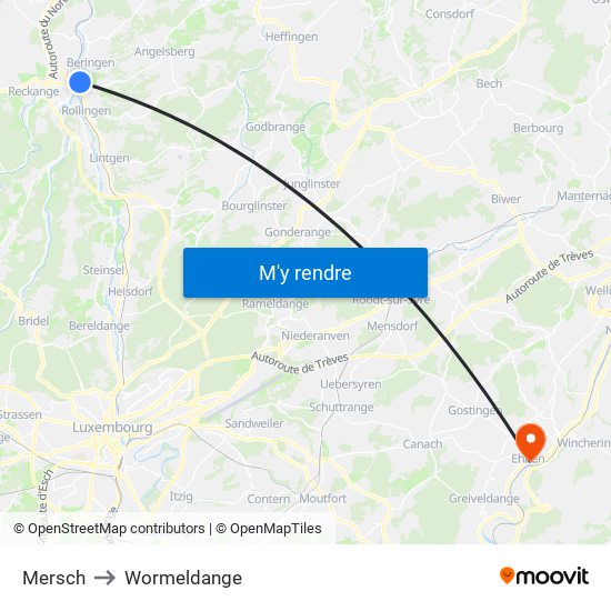 Mersch to Wormeldange map