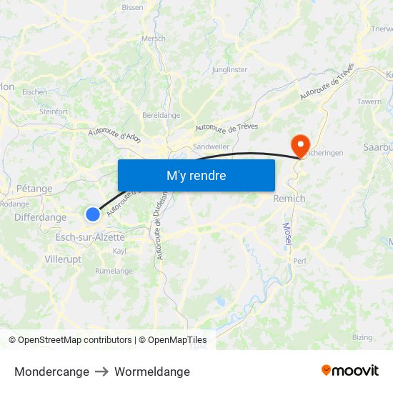 Mondercange to Wormeldange map