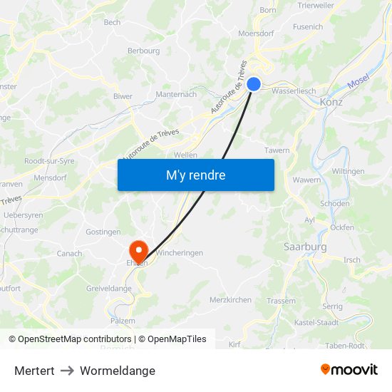 Mertert to Wormeldange map