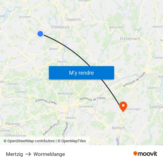 Mertzig to Wormeldange map