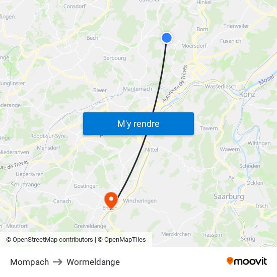 Mompach to Wormeldange map