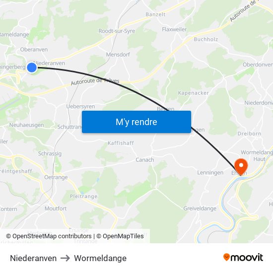 Niederanven to Wormeldange map