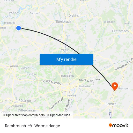 Rambrouch to Wormeldange map