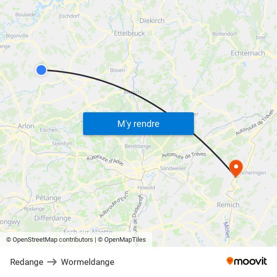 Redange to Wormeldange map