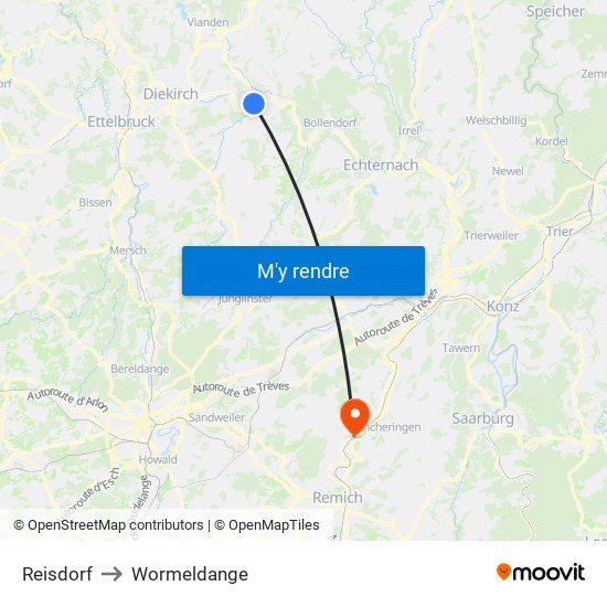 Reisdorf to Wormeldange map