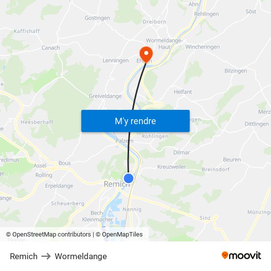 Remich to Wormeldange map