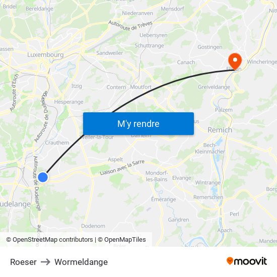 Roeser to Wormeldange map