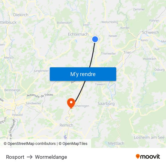 Rosport to Wormeldange map