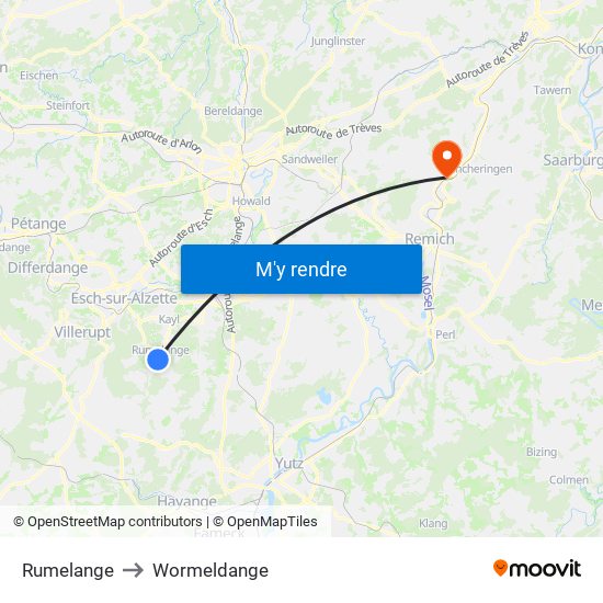 Rumelange to Wormeldange map