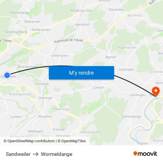 Sandweiler to Wormeldange map