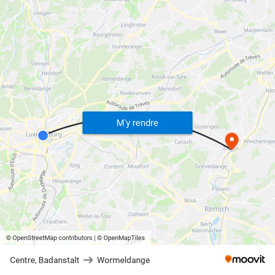 Centre, Badanstalt to Wormeldange map