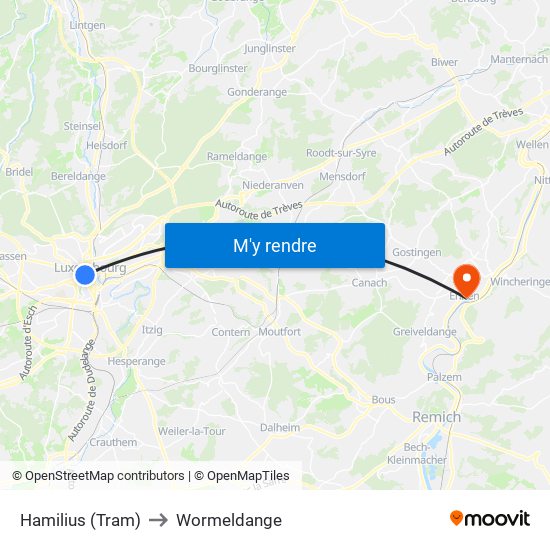 Hamilius (Tram) to Wormeldange map