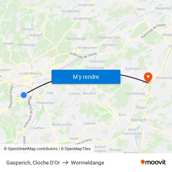 Gasperich, Cloche D'Or to Wormeldange map
