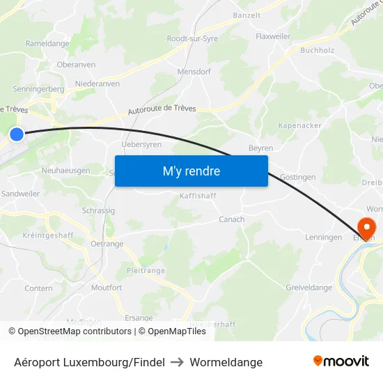 Aéroport Luxembourg/Findel to Wormeldange map