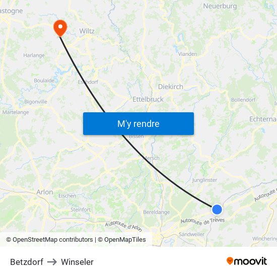 Betzdorf to Winseler map