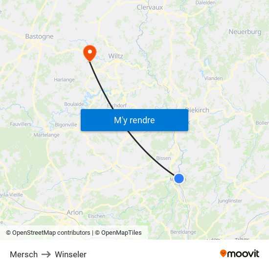 Mersch to Winseler map