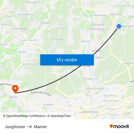 Junglinster to Mamer map