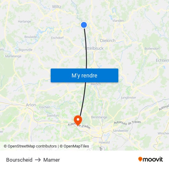 Bourscheid to Mamer map