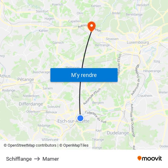 Schifflange to Mamer map