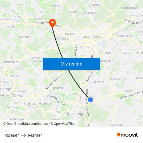 Roeser to Mamer map