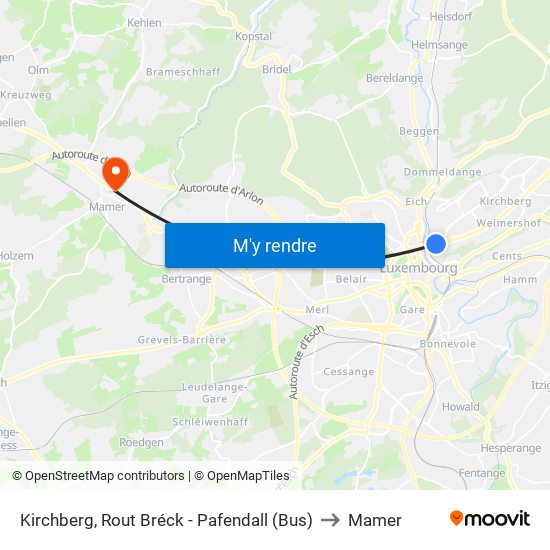 Kirchberg, Rout Bréck - Pafendall (Bus) to Mamer map