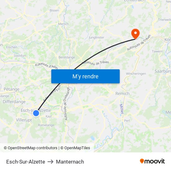 Esch-Sur-Alzette to Manternach map