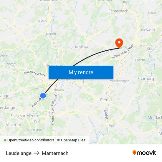 Leudelange to Manternach map