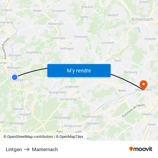 Lintgen to Manternach map