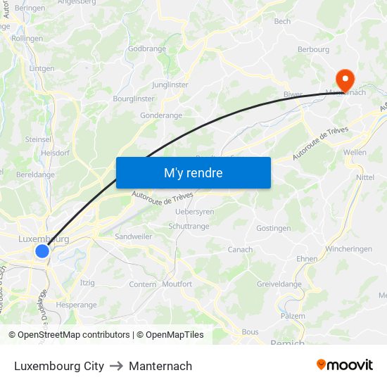 Luxembourg City to Manternach map