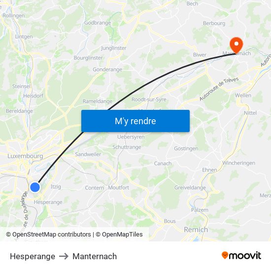 Hesperange to Manternach map