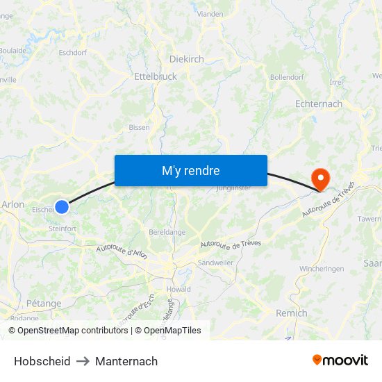 Hobscheid to Manternach map