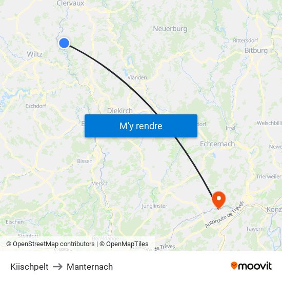 Kiischpelt to Manternach map