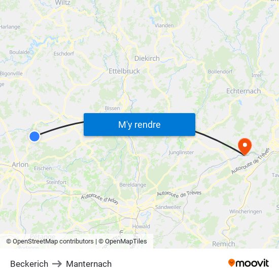Beckerich to Manternach map