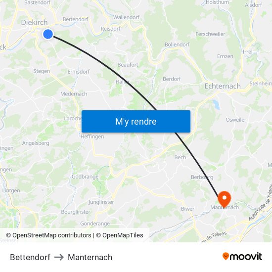 Bettendorf to Manternach map