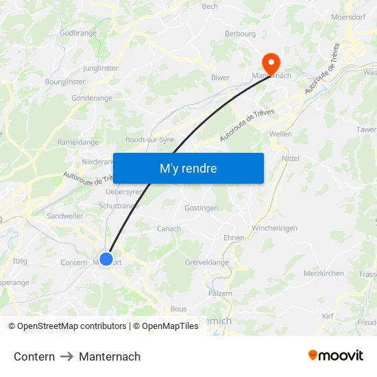 Contern to Manternach map