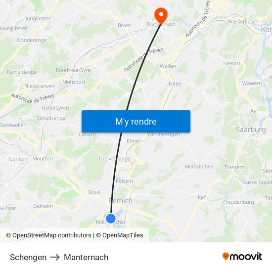 Schengen to Manternach map