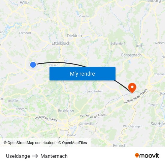 Useldange to Manternach map
