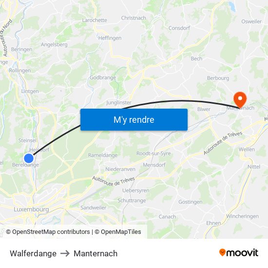 Walferdange to Manternach map