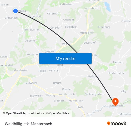 Waldbillig to Manternach map