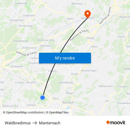 Waldbredimus to Manternach map