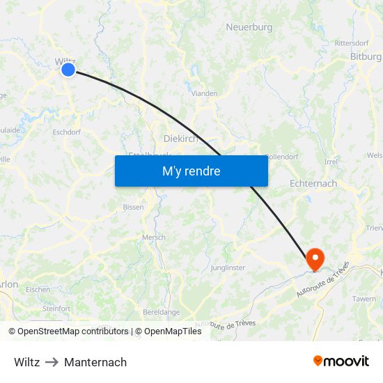 Wiltz to Manternach map
