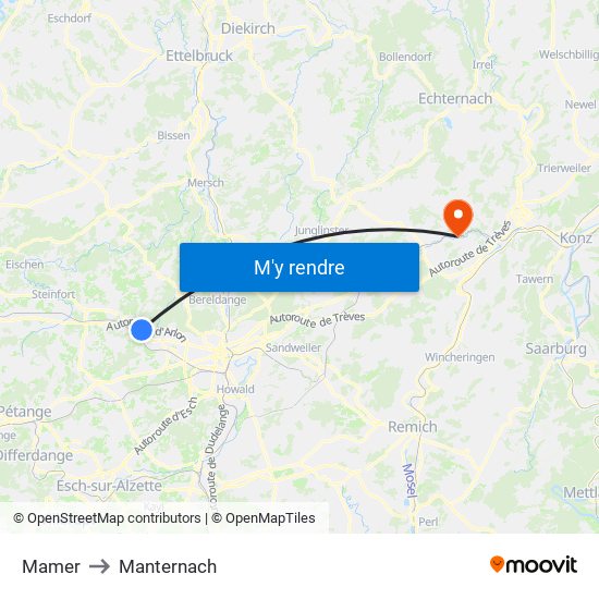 Mamer to Manternach map