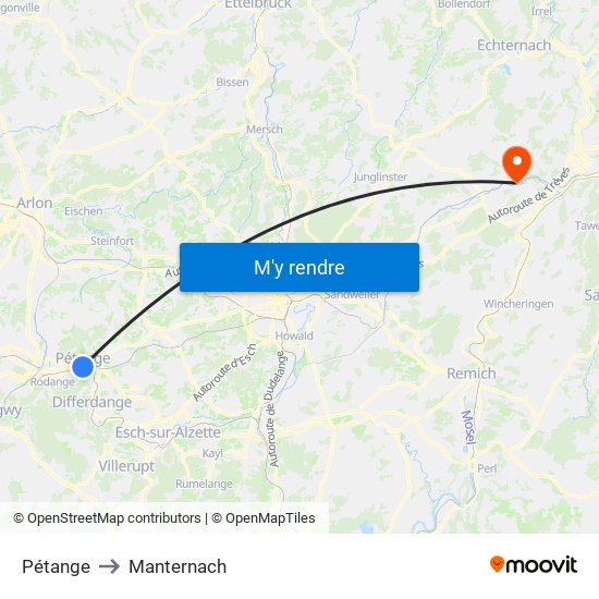 Pétange to Manternach map