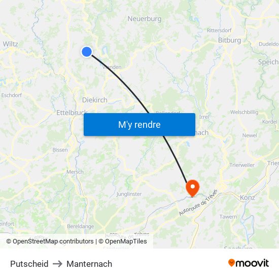 Putscheid to Manternach map