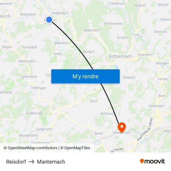 Reisdorf to Manternach map