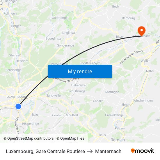 Luxembourg, Gare Centrale Routière to Manternach map