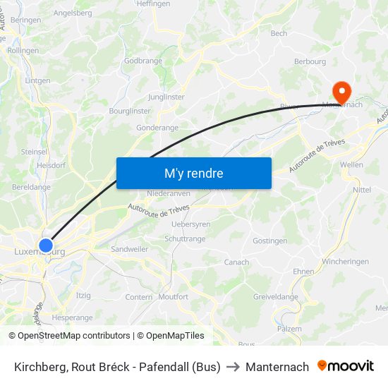 Kirchberg, Rout Bréck - Pafendall (Bus) to Manternach map