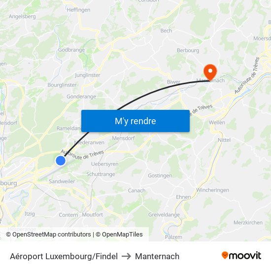 Aéroport Luxembourg/Findel to Manternach map