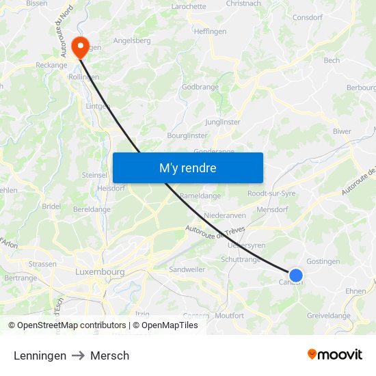 Lenningen to Mersch map